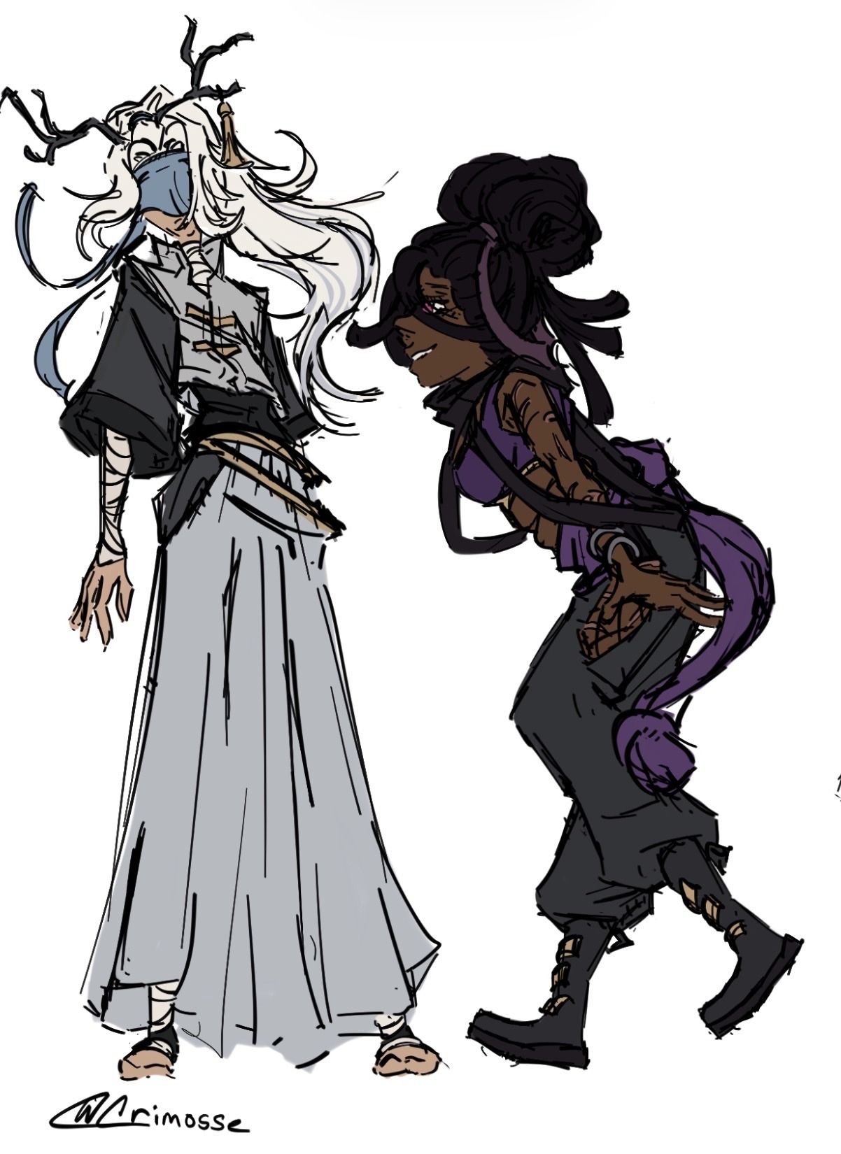 Two stylized characters leaning toward one another in an expressive sketch by Crimosse