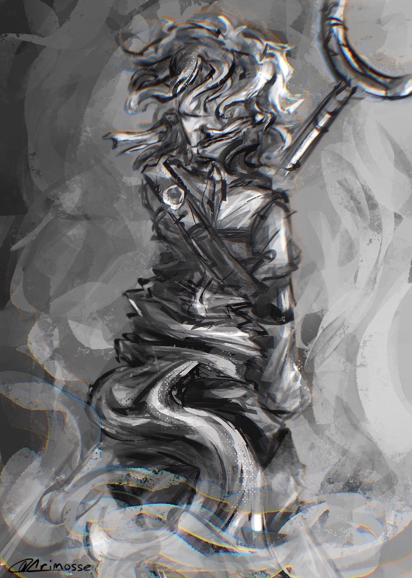 Monochrome fantasy character study with sweeping brush textures by Crimosse